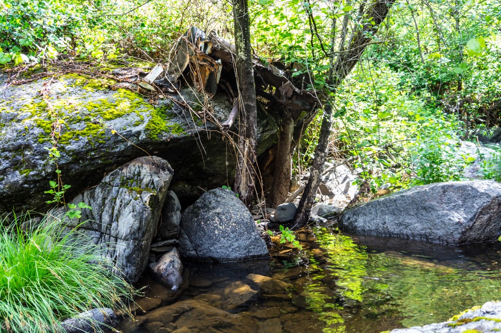 Roughly 10 feet south of the waterfall are remnants of a car that met its end. 