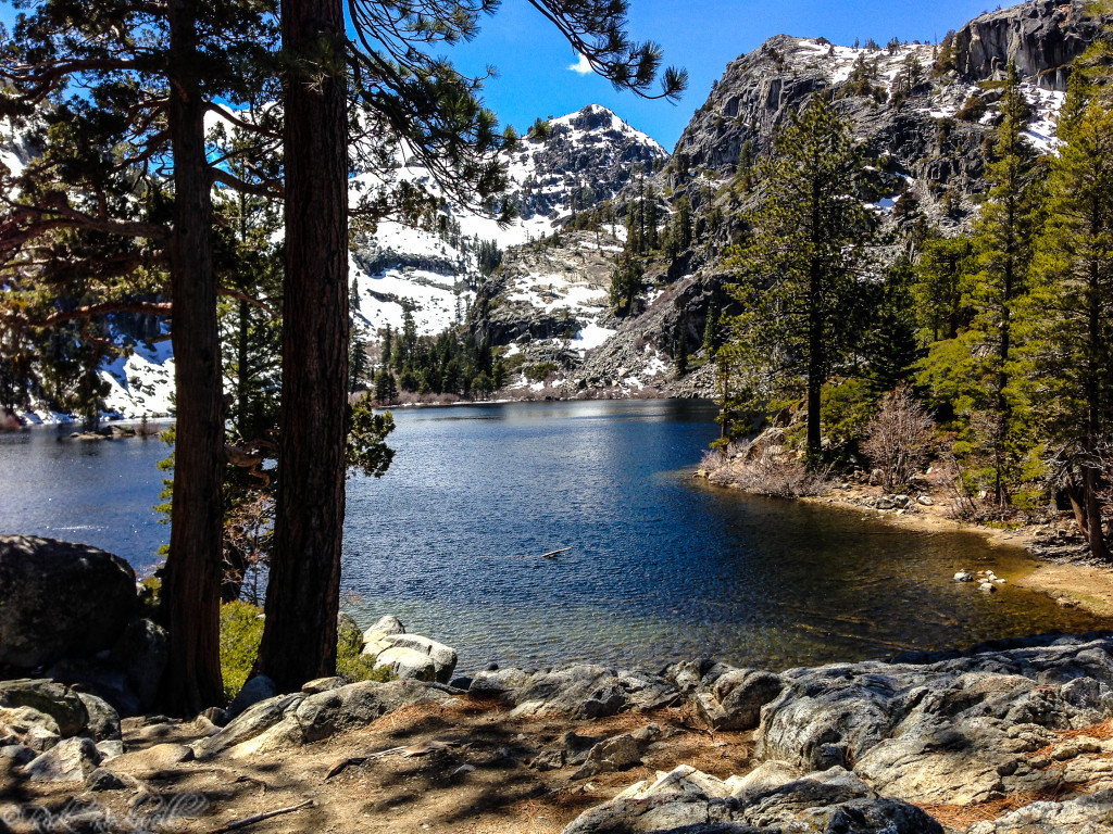 View of snowy mountains behind Eagle Lake