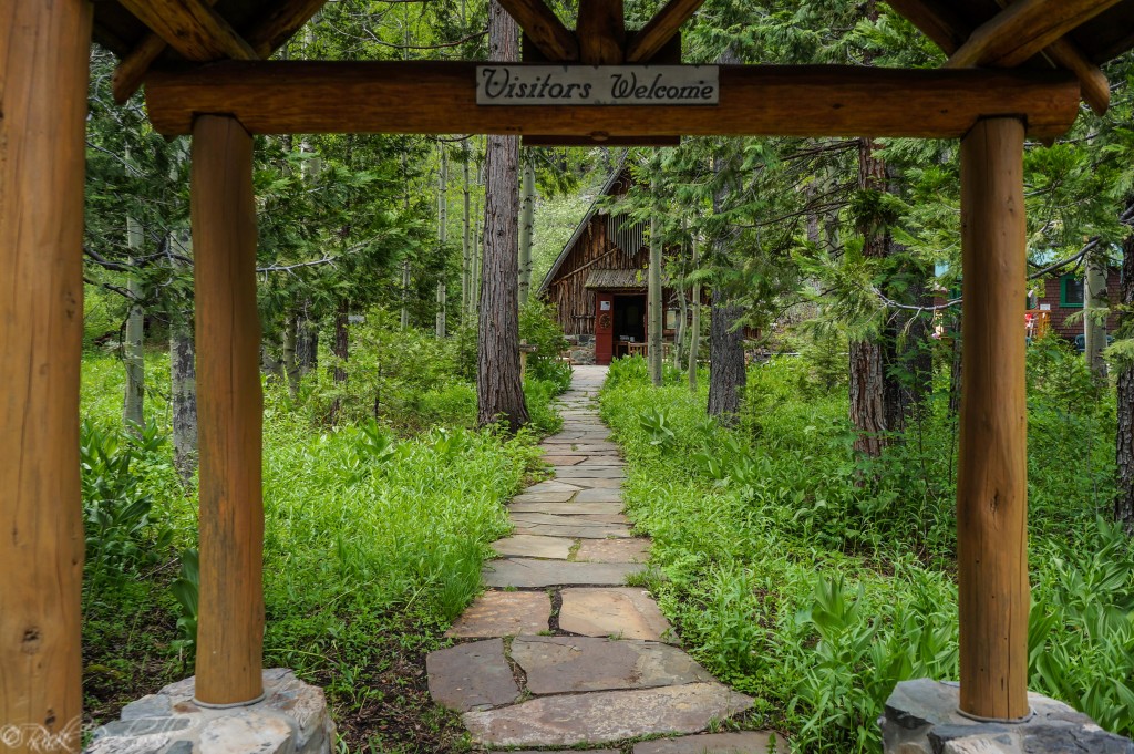 A distant view of the St. Francis of the Mountains chapel as you first walk up to it. 