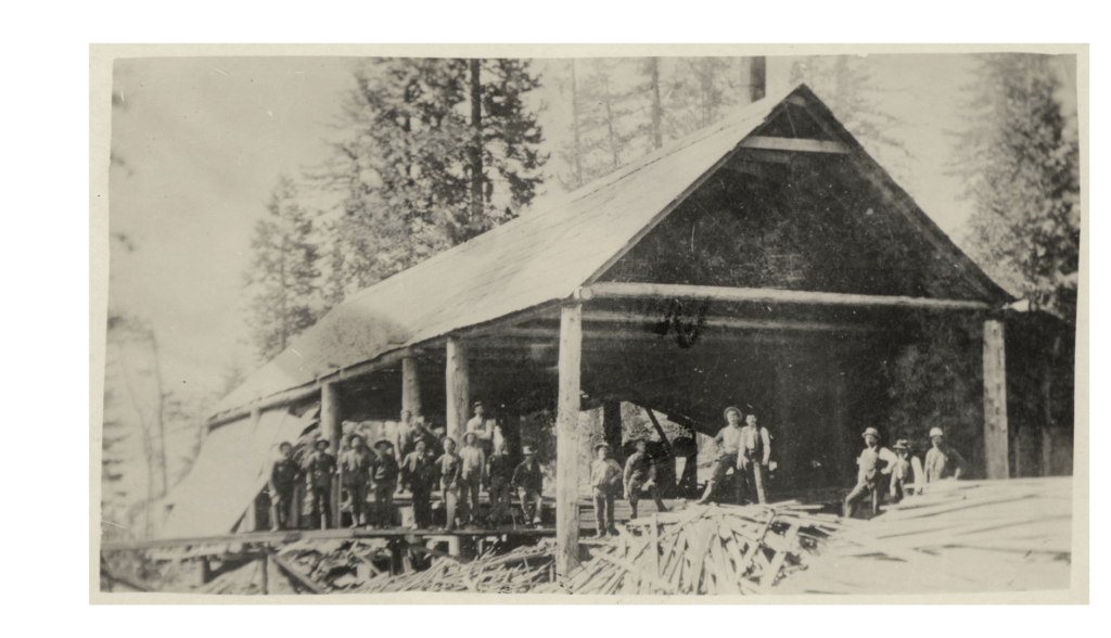 View of men and lumber in Millerton 1866.