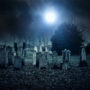 Nighttime view of a haunted cemetery